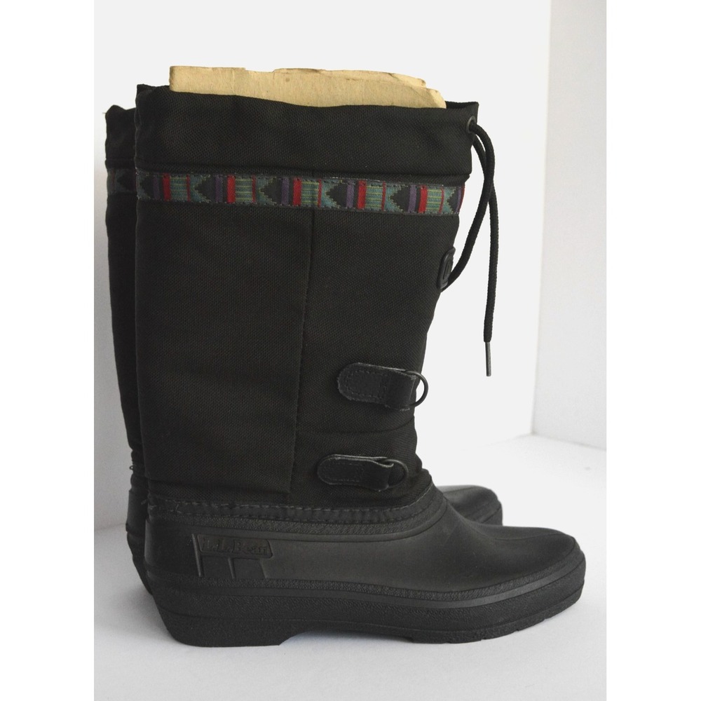 LL Bean Women's Black Canvas Pull On Mid Calf Drawstring Winter Boots Size 7